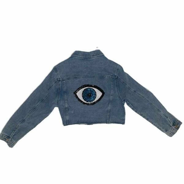 Trendy Cropped Oversized Denim Jacket - Detail on the back / Sequin Greek Evil Eye - βαμβάκι