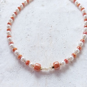 κολιέ λευκό πορτοκαλί - ημιπολύτιμες πέτρες, μαργαριτάρι, χάντρες, πέρλες - 3