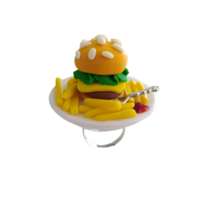Δαχτυλίδι burger με πατάτες τηγανιτές με πολυμερικό πηλό / μεγάλο / μεταλλική βάση / αυξομειούμενο / Twice Treasured - πηλός, cute, γλυκά, αυξομειούμενα - 3