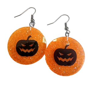 Σκουλαρίκια κυκλικά Halloween pumpkin με υγρό γυαλί - γυαλί, halloween, κρεμαστά, δώρα για γυναίκες, φθηνά