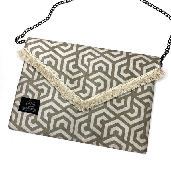 Χειροποίητη γυναικεία μπεζ τσάντα ώμου -beige geometric bag 28cm x 20cm - ύφασμα, φάκελοι, ώμου, all day, μικρές