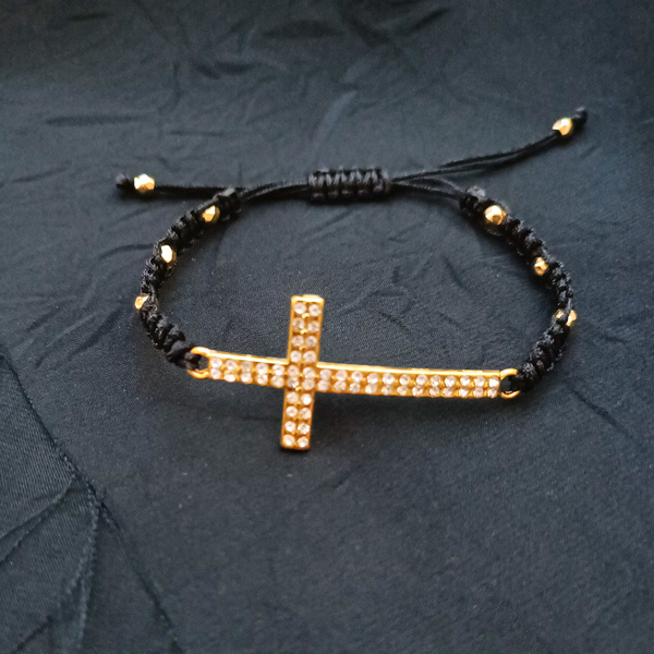 Βραχιόλι σταυρός με στρασάκια - σταυρός, κορδόνια, επίχρυσα στοιχεία, χεριού, αυξομειούμενα - 3