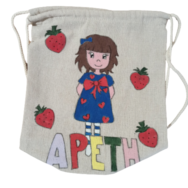 παιδικό τσαντάκι πλάτης με όνομα και θέμα κοριτσάκι με φράουλες - ζωγραφισμένα στο χέρι, κορίτσι, personalised, τσαντάκια