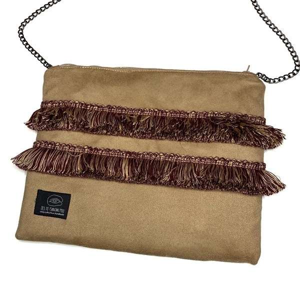 Χειροποίητη γυναικεία μπεζ τσάντα ώμου-beige detail bag 30cm x 23cm - ύφασμα, φάκελοι, ώμου, all day, μικρές