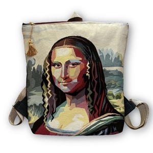 Τσαντα πλατης χειροποιητο backpack απο ύφασμα με τη Mona Liza - ύφασμα, πλάτης, σακίδια πλάτης, μεγάλες, all day