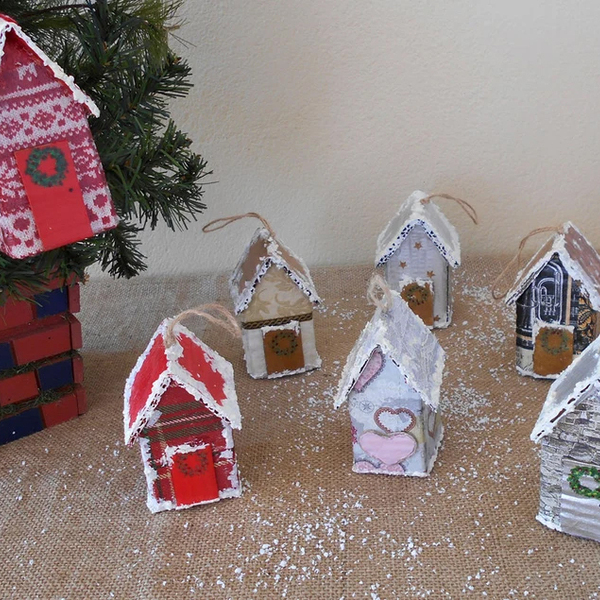 Χειροποίητα Σπιτάκια από χαρτόκουτο, στολίδια για το χριστουγεννιάτικο δέντρο 5,5 Χ 5 X 11cm - χαρτί, σπίτι, στολίδια, προσωποποιημένα - 2