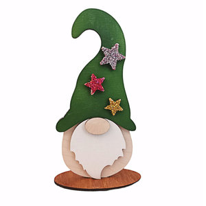 Χειροποίητος Ξύλινος Νάνος Ξωτικό, 3 επιπέδων με Επιτραπέζια Βάση, Πράσινο Σκουφί με αστεράκια, 15εκ. - ξύλο, διακοσμητικά, χριστουγεννιάτικα δώρα