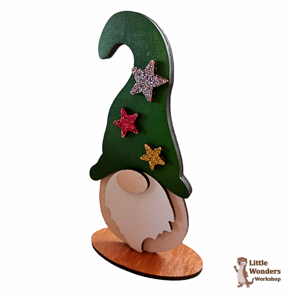 Χειροποίητος Ξύλινος Νάνος Ξωτικό, 3 επιπέδων με Επιτραπέζια Βάση, Πράσινο Σκουφί με αστεράκια, 15εκ. - ξύλο, διακοσμητικά, χριστουγεννιάτικα δώρα - 3