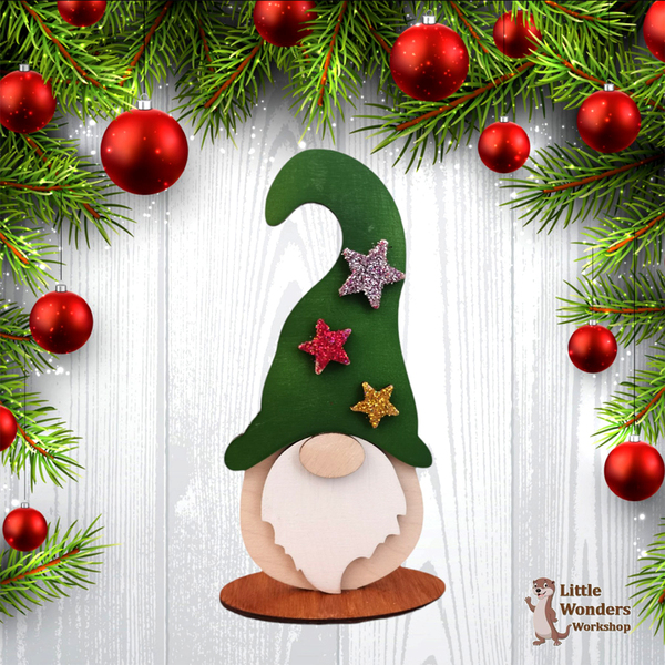 Χειροποίητος Ξύλινος Νάνος Ξωτικό, 3 επιπέδων με Επιτραπέζια Βάση, Πράσινο Σκουφί με αστεράκια, 15εκ. - ξύλο, διακοσμητικά, χριστουγεννιάτικα δώρα - 4