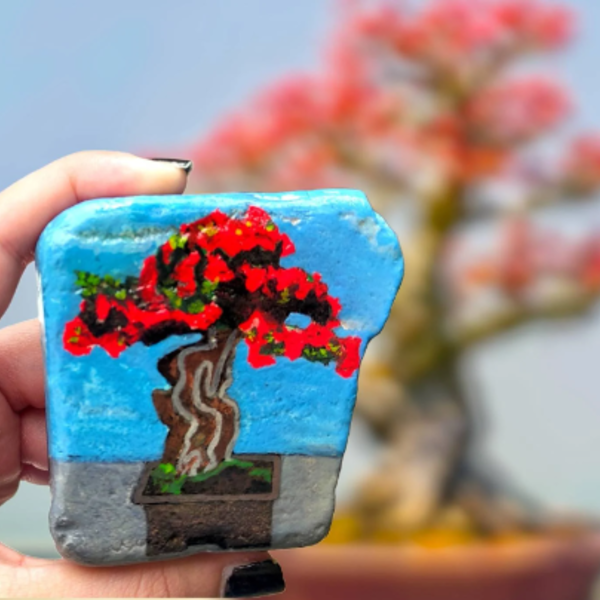 Δέντρο μπονσάι ζωγραφισμένο σε βότσαλο θάλασσας. Διαστάσεις 7*7 εκ. Ιαπωνική τέχνη. - πέτρα, διακοσμητικές πέτρες - 3