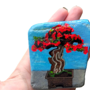 Δέντρο μπονσάι ζωγραφισμένο σε βότσαλο θάλασσας. Διαστάσεις 7*7 εκ. Ιαπωνική τέχνη. - πέτρα, διακοσμητικές πέτρες - 4