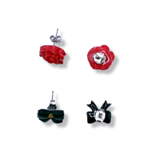 "Red roses stud set I " I Χειροποίητα μοντέρνα καρφωτά σκουλαρίκια από πολυμερικό πηλό - set 2 ζευγάρια- χρώμα κόκκινο / μαύρο - πηλός, λουλούδι, καρφωτά, μικρά, φθηνά - 4