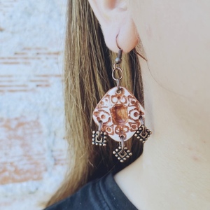 "About old love"Handmade Embossed Dangle Earrings (6.0cm Height) - χαλκός, πηλός, boho, κρεμαστά - 5