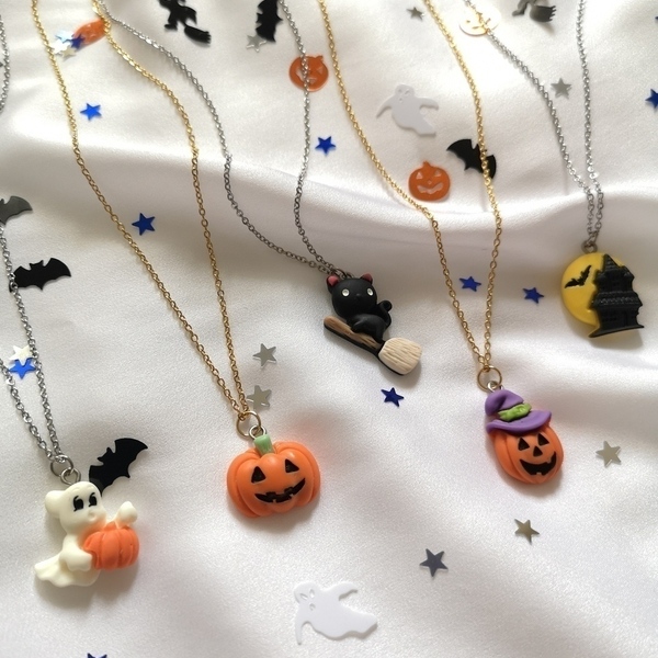 Halloween κολιέ από πολυμερικό πηλό και ασημί ατσάλινη αλυσίδα. Μήκος 40 εκ. - charms, πηλός, halloween, ατσάλι - 4