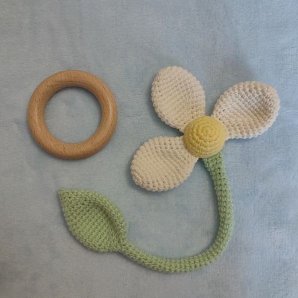Μασητικό ξύλινος κρίκος κουδουνίστρα λουλούδι πλεκτό 0-24 μηνών - βρεφικά, δώρα για μωρά, μασητικό, μασητικά μωρού, ξύλινα παιχνίδια - 5