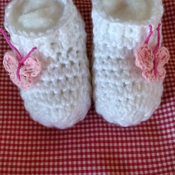 Πλεκτά βρεφικά λευκά καλτσάκια με ροζ πεταλούδα (0-6 μηνών) - κορίτσι, δώρα για μωρά, αξεσουάρ μωρού, αγκαλιάς - 4