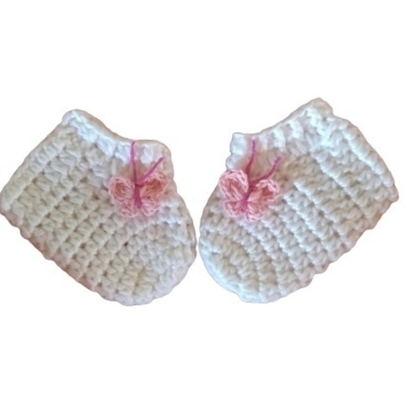 Πλεκτά βρεφικά λευκά καλτσάκια με ροζ πεταλούδα (0-6 μηνών) - κορίτσι, δώρα για μωρά, αξεσουάρ μωρού, αγκαλιάς