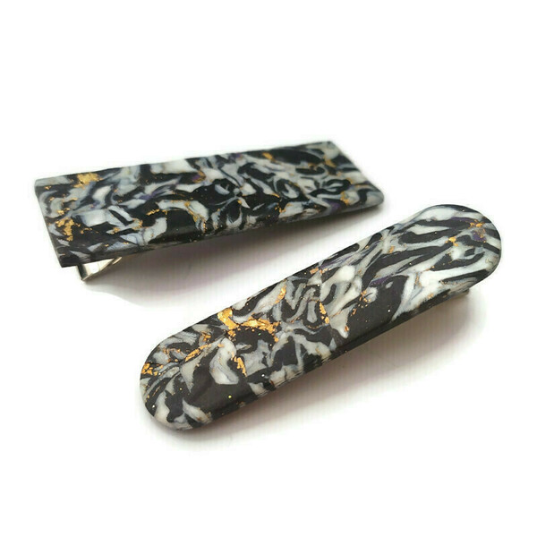 Black marble set 1 - κλιπ για τα μαλλιά από πηλό - μέταλλο, για τα μαλλιά, hair clips, πολυμερικό πηλό - 2