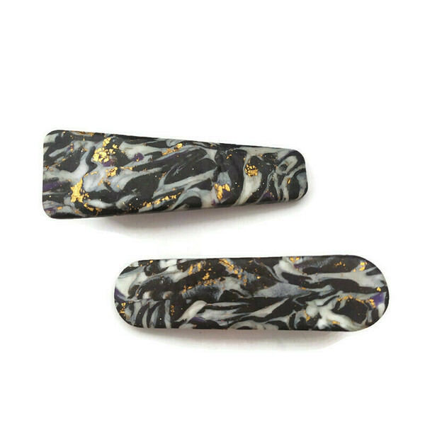 Black marble set 2 - κλιπ για τα μαλλιά από πηλό - μέταλλο, για τα μαλλιά, hair clips, πολυμερικό πηλό