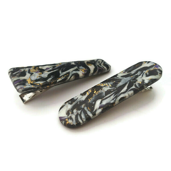 Black marble set 2 - κλιπ για τα μαλλιά από πηλό - μέταλλο, για τα μαλλιά, hair clips, πολυμερικό πηλό - 2