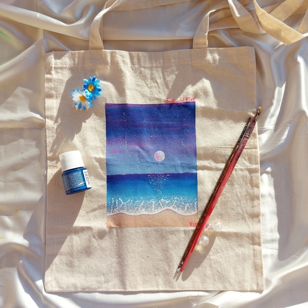 Tote bag ζωγραφισμένη στο χέρι με μακρύ χερούλι μπλε θάλασσα - ύφασμα, ώμου, all day, tote, πάνινες τσάντες