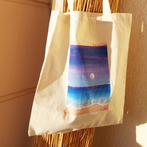 Tote bag ζωγραφισμένη στο χέρι με μακρύ χερούλι μπλε θάλασσα - ύφασμα, ώμου, all day, tote, πάνινες τσάντες - 2