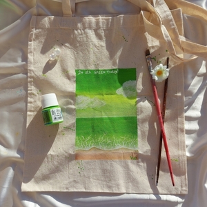 Tote bag ζωγραφισμένη στο χέρι με μακρύ χερούλι πράσινη θάλασσα - ύφασμα, ώμου, all day, tote, πάνινες τσάντες