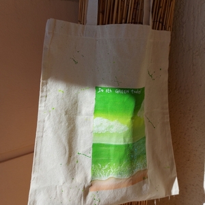 Tote bag ζωγραφισμένη στο χέρι με μακρύ χερούλι πράσινη θάλασσα - ύφασμα, ώμου, all day, tote, πάνινες τσάντες - 2