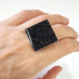 Δαχτυλίδι τετράγωνο με μαύρο γκλίτερ - μοντέρνο, ορείχαλκος, γεωμετρικά σχέδια, μεγάλα, αυξομειούμενα - 2