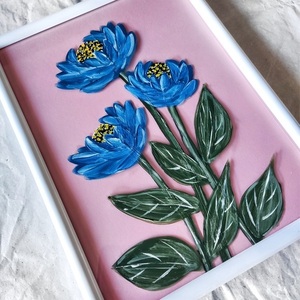 Λουλούδια μπλε ζωγραφισμένα πάνω στο τζάμι της κορνίζας - κορνίζες - 2