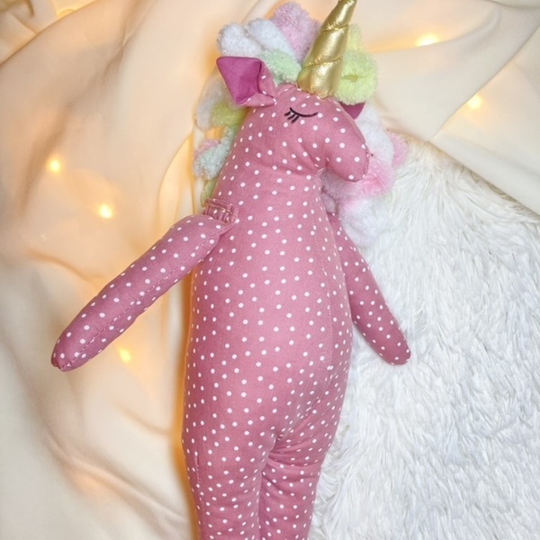 Μονόκερος ροζ πουά, 30εκ. , πάνινο, βαμβακερό κουκλάκι - κορίτσι, λούτρινα, δώρο για βάφτιση, δώρο γέννησης, δώρο γεννεθλίων - 3