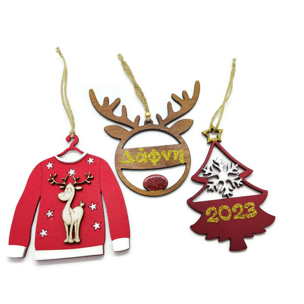 Ξύλινα χριστουγεννιατιάτικα στολίδια με γούρι και όνομα Σετ 3 τμχ - ξύλο, χριστουγεννιάτικα δώρα, στολίδια, προσωποποιημένα