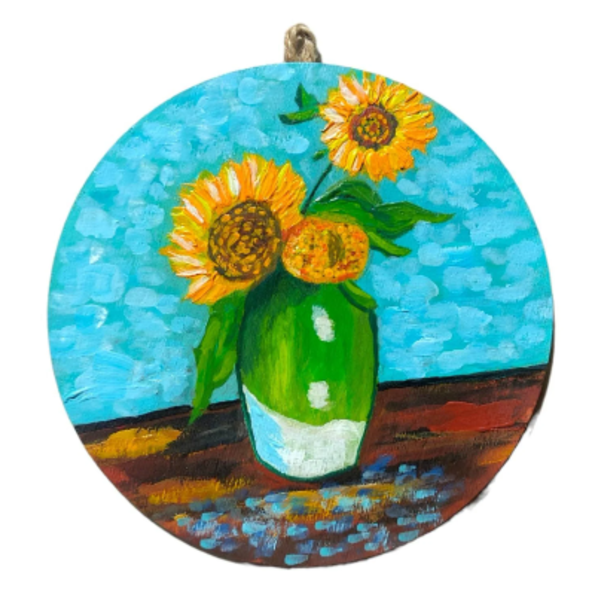 Φλούδα ξύλου ζωγραφισμένη στο χέρι. Λουλούδια ήλιοι κρεμαστό τοίχου 15 χ 15 εκατοστά. Βίνσεντ Βαν Γκογκ. - ήλιος, διακοσμητικά, πίνακες ζωγραφικής, ανοιξιάτικα λουλούδια
