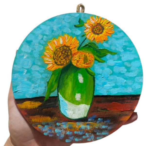 Φλούδα ξύλου ζωγραφισμένη στο χέρι. Λουλούδια ήλιοι κρεμαστό τοίχου 15 χ 15 εκατοστά. Βίνσεντ Βαν Γκογκ. - ήλιος, διακοσμητικά, πίνακες ζωγραφικής, ανοιξιάτικα λουλούδια - 3