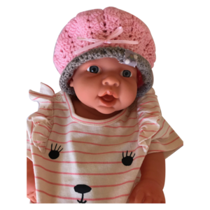 πλεκτό καπελάκι μωρού 'Twin' με φιόγκο προσαρμόζετε στο κεφαλάκι , ροζ-greige, 14 x 13 εκ - καπέλα - 3