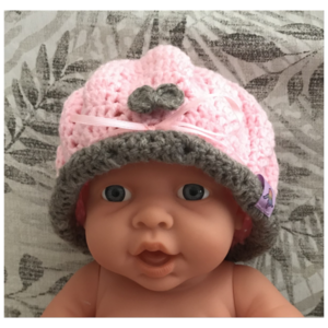 πλεκτό καπελάκι μωρού 'Twin' με φιόγκο προσαρμόζετε στο κεφαλάκι , ροζ-greige, 14 x 13 εκ - καπέλα - 2
