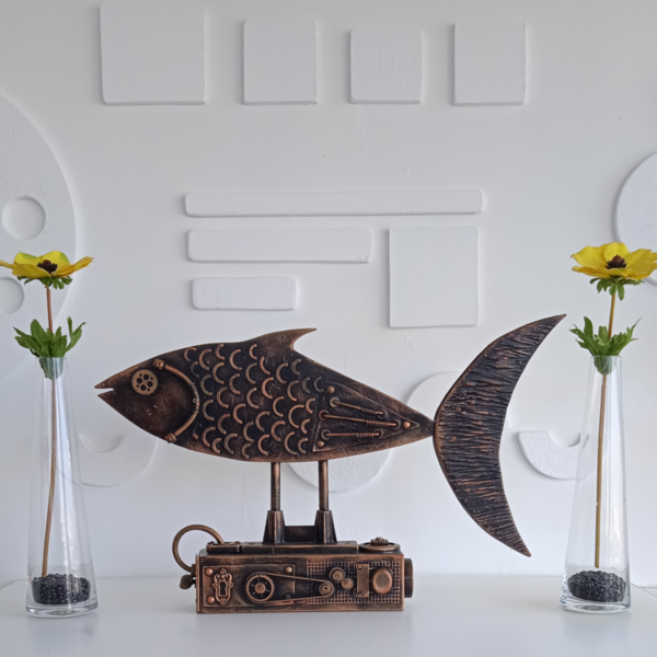 Διακοσμητικό χειροποίητο ψάρι από ξύλο μέταλλο και πλαστικό σε μεταλλικό μπρονζε χρώμα-Αντίγραφο - ξύλο, σπίτι, μέταλλο, διακοσμητικά - 3