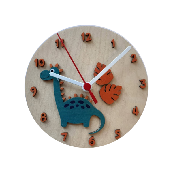 Ξύλινο ρολόι τοίχου 20εκ "Δεινόσαυρος" - ρολόι, δώρο, δεινόσαυρος, ρολόγια, διακοσμητικό παιδικού δωματίου