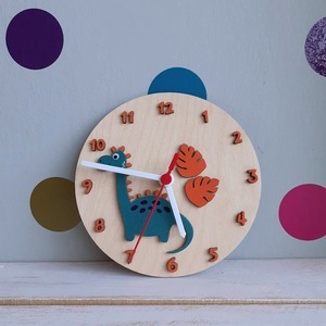 Ξύλινο ρολόι τοίχου 20εκ "Δεινόσαυρος" - ρολόι, δώρο, δεινόσαυρος, ρολόγια, διακοσμητικό παιδικού δωματίου - 2