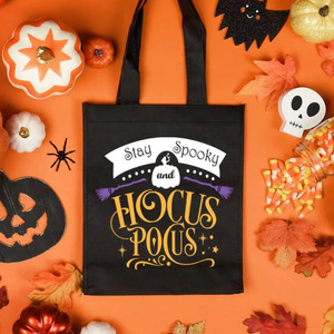 Πάνινη τσάντα 40x38cm, μαύρη υφασμάτινη τσάντα για βιβλία και ψώνια για το Halloween, τσάντα Halloween hocus pocus - ύφασμα, halloween, πάνινες τσάντες - 2