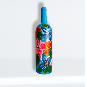 Γυάλινο Μπουκάλι με Λουλούδια - γυαλί, ζωγραφισμένα στο χέρι, διακόσμηση σαλονιού, διακοσμητικά μπουκάλια