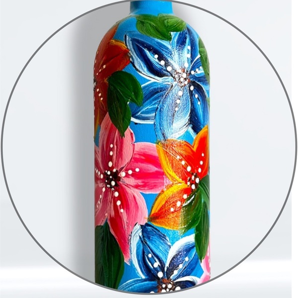 Γυάλινο Μπουκάλι με Λουλούδια - γυαλί, ζωγραφισμένα στο χέρι, διακόσμηση σαλονιού, διακοσμητικά μπουκάλια - 2
