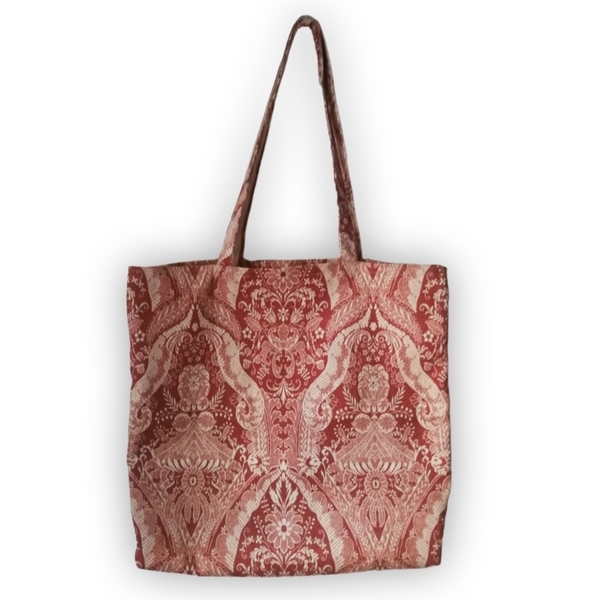 Πάνινη τσάντα 39x41 Μπορντό shopping bag, tote, vintage jacquard βαμβακερο ιταλικό - ύφασμα, ώμου, tote, πάνινες τσάντες - 2