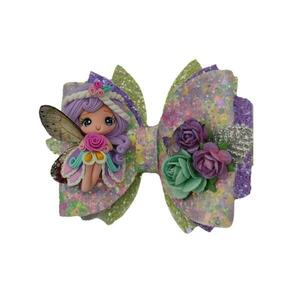 Παιδικό Κλιπ Μαλλιών Νεράιδα με Λουλούδια από ύφασμα glitter σε χρώμα μοβ και Πράσινο 9x12 - κορίτσι, για παιδιά, κουνελάκι, αξεσουάρ μαλλιών, ζωάκια - 2