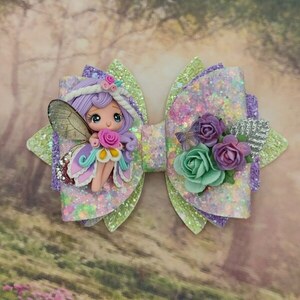 Παιδικό Κλιπ Μαλλιών Νεράιδα με Λουλούδια από ύφασμα glitter σε χρώμα μοβ και Πράσινο 9x12 - κορίτσι, για παιδιά, κουνελάκι, αξεσουάρ μαλλιών, ζωάκια - 4