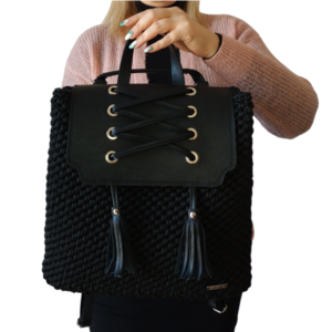 Πλεκτή μαύρη τσάντα σακίδιο κορσέ - νήμα, πλάτης, μεγάλες, πλεκτές τσάντες - 2