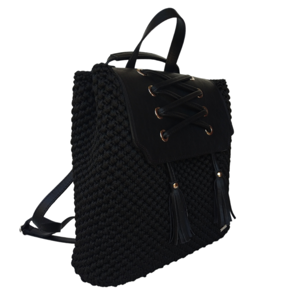 Πλεκτή μαύρη τσάντα σακίδιο κορσέ - νήμα, πλάτης, μεγάλες, πλεκτές τσάντες - 4