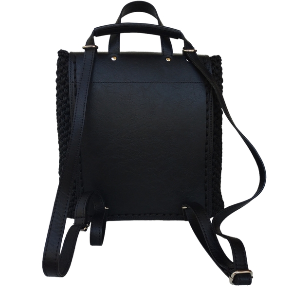 Πλεκτή μαύρη τσάντα σακίδιο κορσέ - νήμα, πλάτης, μεγάλες, πλεκτές τσάντες - 5