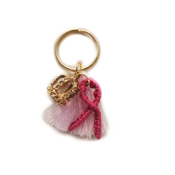 Μακραμέ μπρελόκ για τα κλειδιά, ροζ κορδέλα με κορόνα , πρόληψη & ενημερώση για τον καρκίνο του μαστού - μεταλλικό, δώρα για γυναίκες, σπιτιού