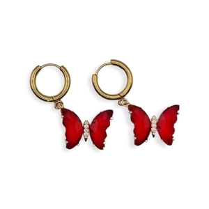 Κρίκοι χρυσοί με κόκκινη κρεμαστή πεταλούδα - κρίκοι, πεταλούδα, μικρά, ατσάλι